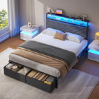 Fluest Full Bed Frame with 2 Drawers, Upholstered Headboard with Storage and Charging Station, LED Lights, Fabric Drawers with Wheels, Under Bed Storage, No Box Spring Needed, Easy Assembly, Grey - size: Full