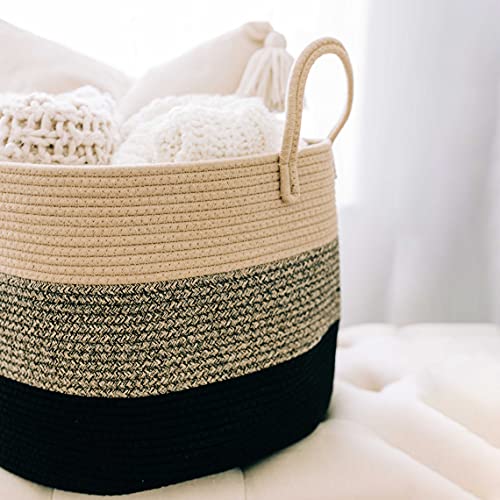 OrganiHaus Large Woven Storage Basket for Blankets and Toys 20" x 13" Inch, Rope Laundry Basket with Handles, Cushions & Pillows Storage Bin, Nursery Hamper, Soft Round Dog Toy Bin - Brown/Black - color: 3-toned Brown, size: Wide