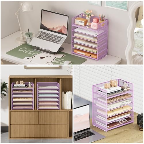 Subekyu 6 Tier Paper File Tray Organizer for Desk, Purple Mesh Desk Letter Paper File Folder Accessories Sorter Organizer with Handle, Stackable Slide Tray for Office, Home or School Supplies Storage - color: Purple