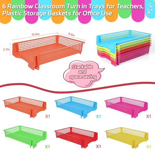 ZZYFGH 6 Pack Turn in Trays for Teachers, Plastic Classroom Paper Organizers, Colorful Storage Baskets for Office, Stackable Office Desktop Document Paper Storage(13.4 * 9.5 * 2.7in)