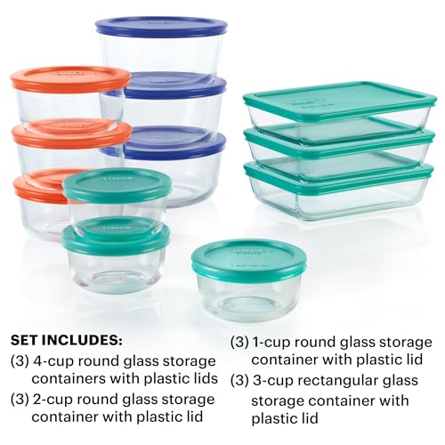 Pyrex Simply Store (12-Pack) Glass Food Storage Containers Set, (1, 2, & 3 Cup) Meal Prep Containers with Plastic BPA-Free Lids, Dishwasher & Microwave Safe - size: 12 Pack