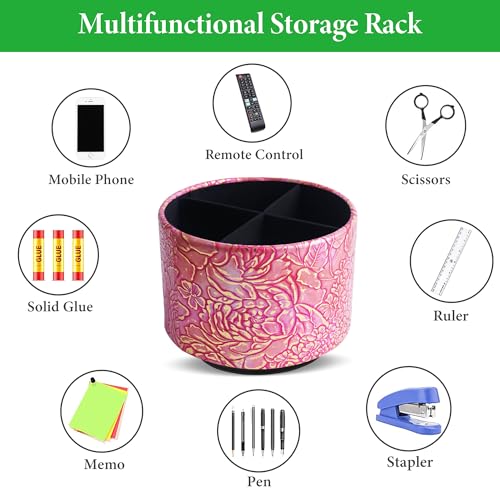 Round Leather Art Supply Organizer,Remote Control Holder,360 Degree Spinning,Multi-Functional Pencil Holder,4 Compartments Desktop Stationary Organizer(1-Rich Flower Pink) - color: 1-Rich Flower Pink