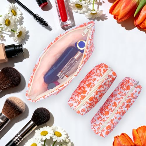 3 Piece Orange Quilted Floral Makeup Bag Set Small Cosmetic Bag For Women Cute Cotton Makeup Pouch For Purse - color: New 3Pcs orange