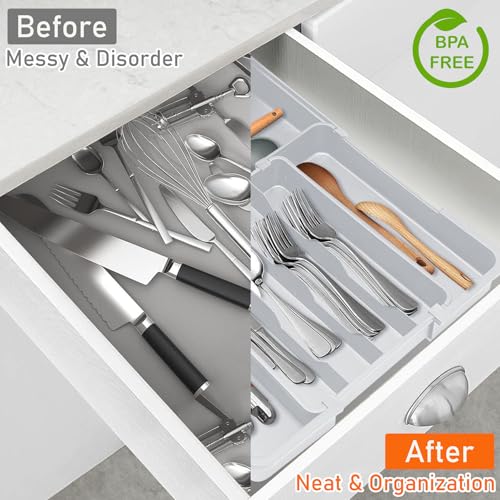 Spaclear Expandable Silverware Drawer Organizer - 7 Compartments BPA-Free Kitchen Utensil Tray, Adjustable 12.6”×9.5" to 19"×15.2", Cutlery Drawer Organizer, Gray - color: Grey, size: M(9.5-15.2"W x 12.6-19"D)