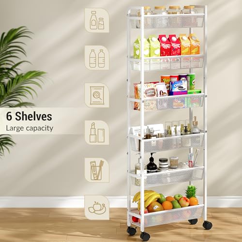 ThreeHio 6 Tier Slim Storage Cart, Narrow Cart with Wheels, Metal Mobile Shelving Unit Organizer for Bathroom, Kitchen, Laundry Room, Living Room & Narrow Spaces, White, 6in(W) - color: White, size: 6 Tier(6 inches)