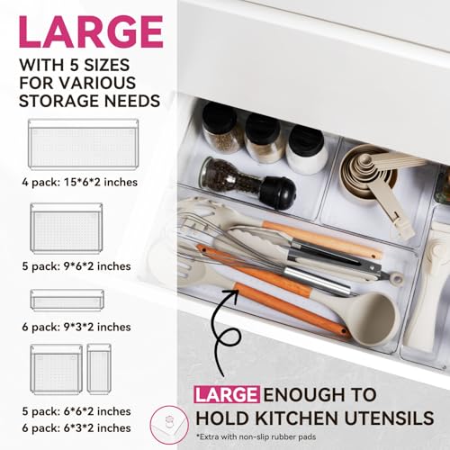 Criusia Large Drawer Organizer Bins 26 Pack | Complete 5 Size Clear Plastic Kitchen Drawer Organizers for Utensils | Bathroom Drawer Organizer Trays | Versatile for Makeup Office Organization - size: 26 Pack