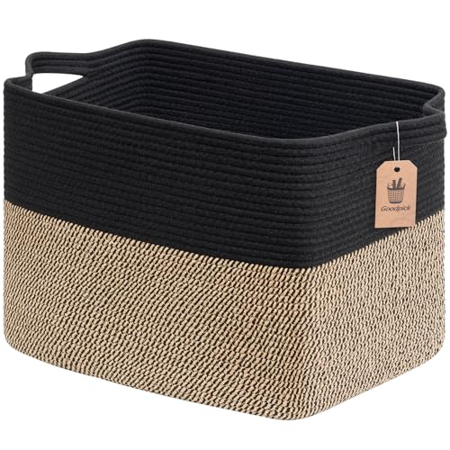 Goodpick Woven Baskets for Organizing, 18" x 14" x 12" Wicker Laundry Basket with Handles, Decorative Toy Baskets Storage Kids, Blanket Basket for Living Room, Bedroom - color: Black, size: 18"L x 14"W x 12"H
