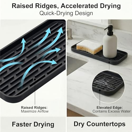 Silicone Organizer Tray, Soap and Sponge Holder for Kitchen Sink, Bathroom - Storage Tray for Dish Brush, Soap Dispenser, Dishwashing Accessories-(Black 1 Pack, 12"x4.7") - color: Black, size: 12"x4.7", 1 Pack