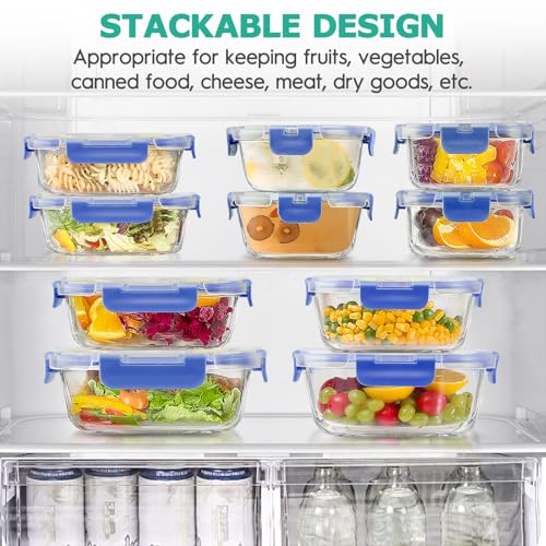 34pcs Glass Food Storage Containers with Lids Set, Airtight Glass Meal Prep Containers (17 Containers & 17 Lids), Leak Proof Lunch Container BPA-Free, Microwave, Oven, Freezer, Dishwasher Safe-Blue - color: Blue