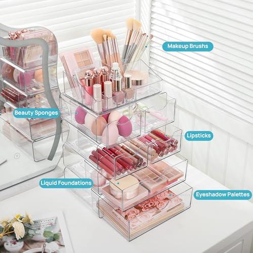 Vtopmart 5 Tier Clear Makeup Organizer with Drawer, Cosmetic Storage for Dresser Countertop and Bathroom Vanity, Beauty Holder for Lipstick Brush Skincare - style: 5 Tier (2 Sizes Drawer)