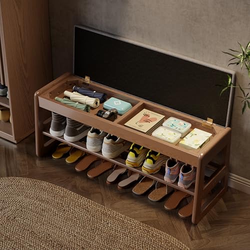 AQIMUELE Shoe Rack Bench,2 Tiers Shoe Bench with Storage with Flip-Top,Wood Shoe Rack for Entryway,Hallway(Walnut Upholstered Seat,11.8" D x 39.3" W x 15.7" H - color: Walnut Upholstered Seat, size: 11.8"D x 39.3"W x 15.7"H