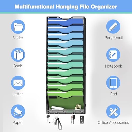 Kuntine.B Wall File Organizer Office Hanging Magazine Holder Wall File Organizer for Office Home (Black, 13 Tier & Key Holders) - color: Black, size: 13 Tier & Key Holders