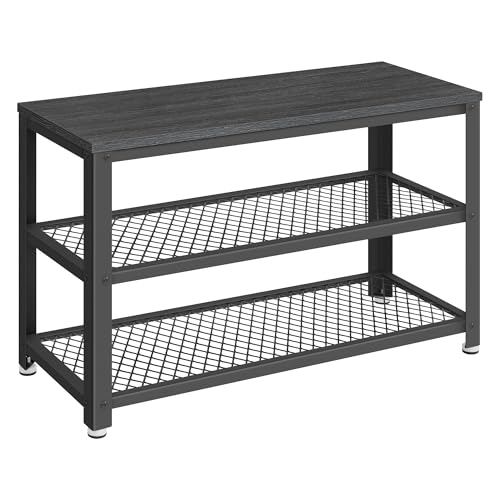 VASAGLE 3-Tier Shoe Rack, Shelf Storage Bench with Metal Mesh Shelves and Seat, Free Standing Shoe Organizer for Entryway, 11.8 x 28.7 x 17.7 Inches, Ebony Black and Black ULBS073B06 - color: Ebony Black + Black, size: 28.7"W x 17.7"H, style: Bench