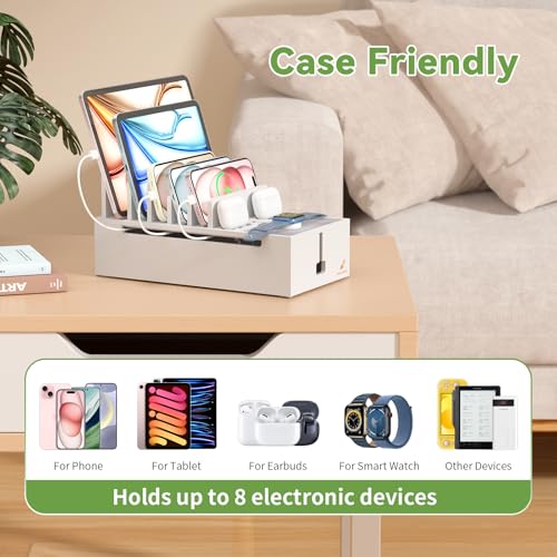 Pezin & Hulin Multi Charger Station Organizer Rack, Bamboo Cable Management Box, Power Strips and Cord Hider, Nightstand Device Organizer (Include 6 Cables)(No Power Charging Supply) -White - color: White (No Charger)