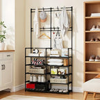 UDEAR 5-Tier Coat and Shoe Rack, Entryway Coat Rack with 8 Hooks, Double Row Shoes Organizer for Living Room, Bedroom, Office, Black
