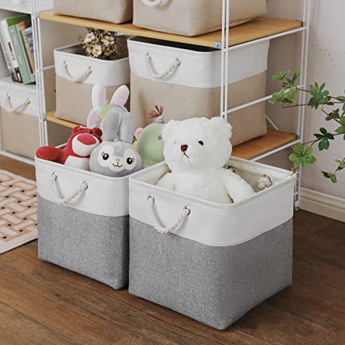 MidmmVick 13 x 13 Inch Cube Storage Bins, 4 Pack Large Collapsible Fabric Storage Bin with Ropes, Foldable Storage Cubes for Home, Office,Closet, Clothes, Toys Organizer (White & Grey) - color: White&Grey-13"x13"x13"