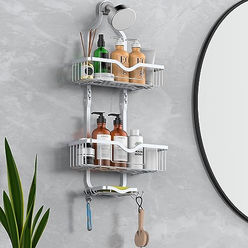 Kadolina Shower Caddy Hanging, Bathroom Shower Rack, Bathroom Organizer with Soap Dish, Over The Showerhead Caddy with Hooks for Razor/Sponge, Bright Silver (Assembly Required) - color: Bright Silver