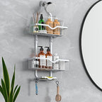 Kadolina Shower Caddy Hanging, Bathroom Shower Rack, Bathroom Organizer with Soap Dish, Over The Showerhead Caddy with Hooks for Razor/Sponge, Bright Silver (Assembly Required) - color: Bright Silver