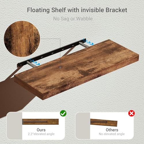 Vivelove Floating Shelves for Wall, 24 inch Wall Shelves for Bathroom Bedroom, Living Room, Kitchen, Office, Rustic Farmhouse Shelf Decor with Invisible Bracket, 24x9x1.6, Set of 2, Rustic Brown - color: Rustic Brown, size: 24”Wx9.1”Dx1.6”H