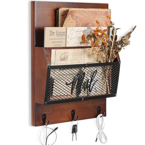 Yalikop Farmhouse Mail Organizer Wall Mounted Rustic Mail Holder Hanging Key Sorter with 3 Hooks Indoor Wooden Wall Mounted, Letter, Magazines, Newspapers, Keys (Classics,Dark Brown) - color: Dark Brown