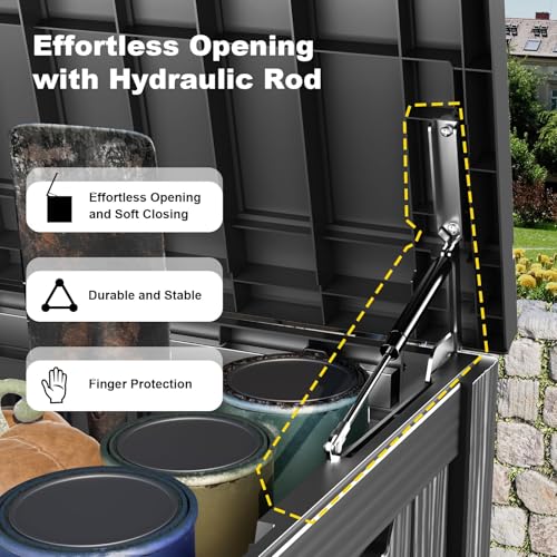 150 Gallon Large Outdoor Storage Box Waterproof, UV Resistant Resin Deck Box with Hydraulic Rod & Lockable Latch for Patio Furniture, Outside Storage Box for Garden Tools, Patio Cushions, Black - color: Black, size: 151 Gallon