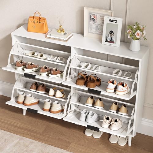 BORNOON Shoe Cabinet for Entryway with 4 Flip Drawers, Slim Wooden Shoe Storage Organizer with Modern Fluted Pannel，Freestanding Narrow Hidden Shoe Rack for Hallway, Foyer, Living Room - color: White, size: 4 Flip Drawers