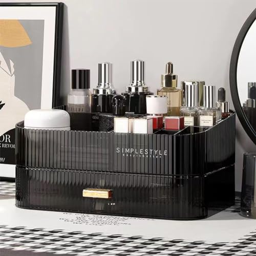 MIUOPUR Makeup Organizer with Stackable Drawers, Bathroom Vanity Organizers and Storage, Ideal for Desk and Dresser Countertops, Great for Cosmetics, skincare, Lipsticks, Nail Care -Black - color: Clear Black, size: Tray and Drawer