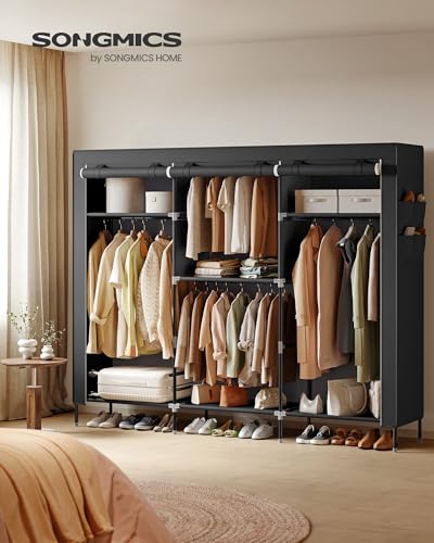 SONGMICS Portable Closet, Fabric Wardrobe, Clothes Rack with Shelves, Pockets, Large Capacity, 4 Hanging Rods, 74.4 x 17.7 x 70.9 Inches, Black URYG011BZ02 - color: Black, size: 3 Tiers(70.9"H)