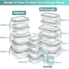 Razab 35 Pc Set Glass Food Storage Containers with Lids - Meal Prep Airtight Bento Boxes BPA-Free 100% Leak Proof (15 lids,15 glass & 5 Plastic Sauce/Dip Containers) - color: Blue
