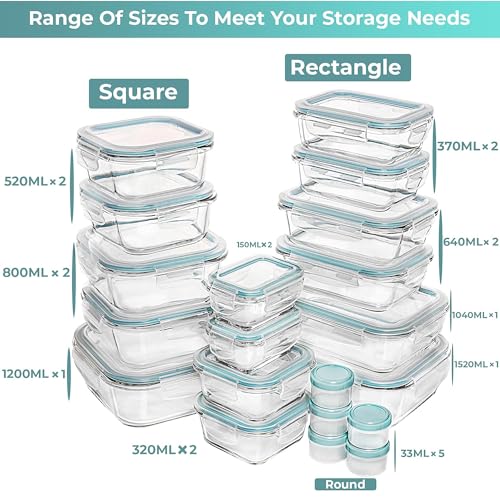 Razab 35 Pc Set Glass Food Storage Containers with Lids - Meal Prep Airtight Bento Boxes BPA-Free 100% Leak Proof (15 lids,15 glass & 5 Plastic Sauce/Dip Containers) - color: Blue