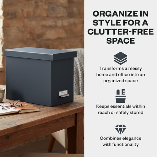 Bigso John Fiberboard Label Frame Desktop File Storage Box - Document Organizer for Important Paperwork - Durable Hanging File Box with a Lid & Metal Label Window - 7.36 x 13.38 x 10.51 in - Dark Grey - color: Dark Grey