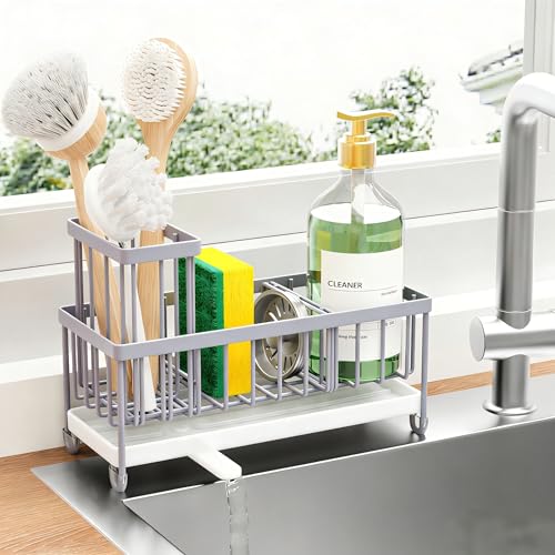 Cisily Sponge Holder for Kitchen Sink, Sink Caddy Organizer with High Brush Holder, Kitchen Countertop Organizers and Storage Essentials, Rustproof 304 Stainless Steel (Gray, 9.25″) - color: Gray