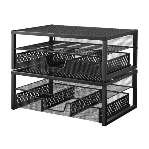 Simple Trending 2 Pack 2 Tier Metal Monitor Riser Stand and Computer Desk Organizer with Drawer, Black - color: 2 Pack Black