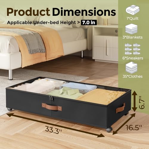 LAMU Under Bed Storage with Wheels, 2 Pack Under Bed Storage Containers with Clear Lids & Label, Rolling Under Bed Drawers for Clothes, Shoes, Blankets, Black - color: Black