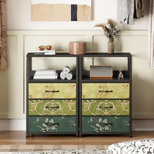 Furnulem Retro Night Stand with 3 Drawers and 2-Tier Shelf, Small Nightstand Side Table, Vintage Storage Dresser for Bedroom, Fabric Drawer Organizer for Closet, Beside Furniture - color: Vintage Floral, style: 3 Drawers