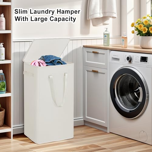 Odonata 75L Slim Laundry Hamper with Lid,Large Foldable Laundry Basket with Removable Bag and Handles Tall Collapsible Dirty Clothes Basket Great for Bedroom, Bathroom, Dorm, College,RV. (Beige, 75L) - color: Beige