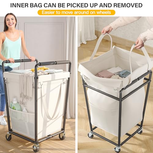 180L Laundry Basket with Wheels & Handles, Laundry Cart with Removable Bag & Metal Frame for Clothes Storage, Hamper with Wheels for Laundry Room, Bathroom, Dorm, Home, Closet (Beige) - color: Beige, size: 180L