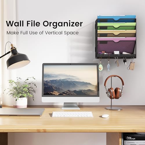 Hanging Wall File Organizer 5-Tier Wall Mount Mail Organizer & Desk Paper Organizer, Sleek Black Metal File Folder Holder for Office, Cubicle (Black-5 Tier) - color: Black-5 Tier