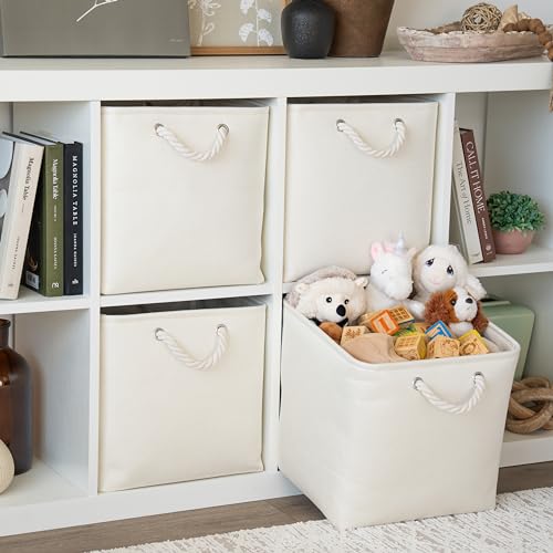 OrganiHaus 13x13 Cube Storage Bins 4 Pack, Foldable Cube Storage Organizer w/ Rope Handles, Collapsible Fabric Bins for Toys, Clothes & Closet Organization, Fabric Square Baskets - Off-White - color: Off-White, size: 4 pcs (13x13)