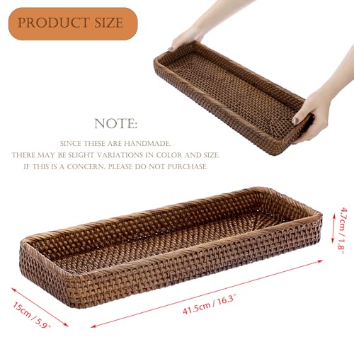 Sumnacon 16 Inch Rattan Bathroom Vanity Tray - Decorative Wicker Toilet Tank Tray for Paper Hand Towel,Vintage Storage Basket Bin for Bathroom Kitchen Toilet Tank Vanity Countertop Table Shelf,Brown - color: Brown, size: 16" x 6.5" x 1.8"