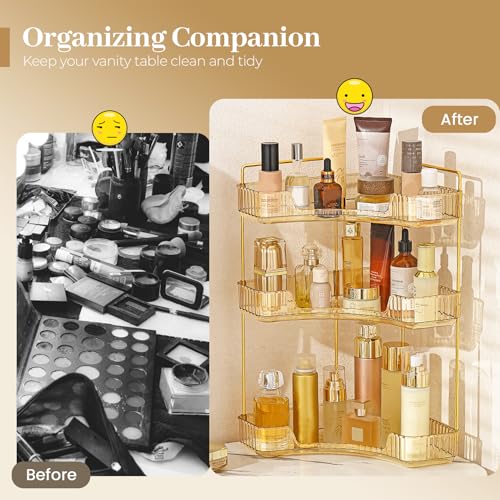 Aveniee Corner Bathroom Counter Organizer, Bathroom Countertop Shelf Makeup Organizer for Vanity Perfume Tray for Corner Storage (3 Tiers, Gold) - color: Amber Gold, size: 3 Tier