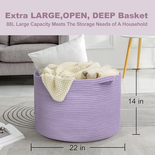 MEGASKET Purple Rope Storage Basket, 22" X 14" Large Woven Baskets, Jumbo Floor Bin for Throw Blankets Pillows, Baby Laundry Basket, Dirty Clothes Organizer, Big Storage Bin for Toys, Towels - color: Purple, size: 22"x22"x14"