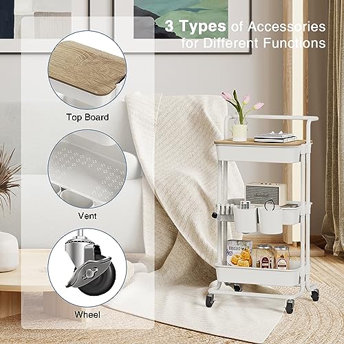 DTK 3 Tier Rolling Utility Cart with Cover Top Board, Movable Kitchen Storage Cart Trolley with Lockable Wheels, Cups, Hooks for Kitchen Bathroom Home Office Art Craft Storage and Organization(White) - color: White, size: Medium