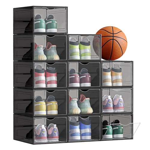 SONGMICS Shoe Boxes, Set of 12, Clear Plastic Shoe Storage, Stackable Sneaker Box, Drop Front Door, Up to US Size 11, Easy Assembly, 13 x 9.8 x 7.1 Inches, Transparent Black ULSP032B12 - color: Transparent Black, size: 12 Count