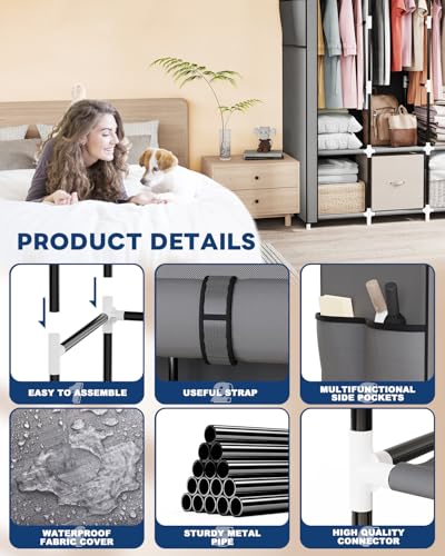 Mavivegue Portable Closet, 50 Inch Wardrobe Closet, Portable Closets for Hanging Clothes with 3 Hanging Rods and 6 Storage Shelves for Bedroom, Gray - color: Grey, size: 50" W x 17" D x 64" H