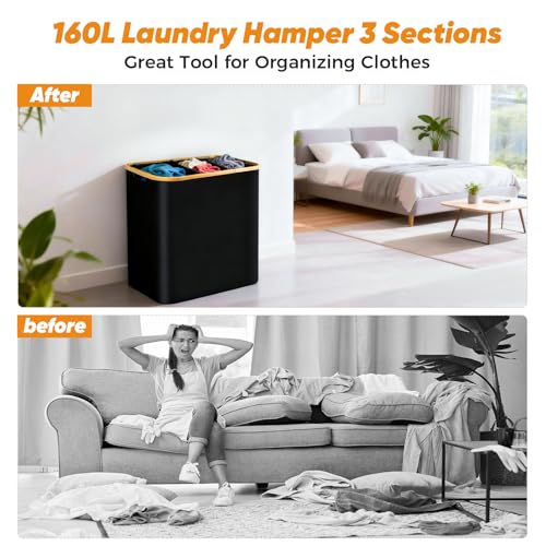 160L Laundry Hamper 3-Section, Laundry Basket with Lid, Dirty Clothes Basket, Laundry Basket Organizer with 5 Sorting Labels and 2PCS Laundry Bags for Bedroom, Dormitory, Laundry Room