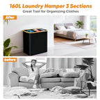 160L Laundry Hamper 3-Section, Laundry Basket with Lid, Dirty Clothes Basket, Laundry Basket Organizer with 5 Sorting Labels and 2PCS Laundry Bags for Bedroom, Dormitory, Laundry Room
