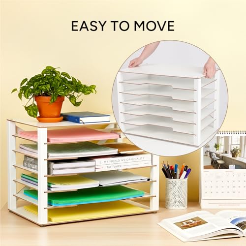 Yumkfoi Construction Paper Organizer 12" x 18", 6-Tiers Paper Organizer Storage, Wooden Desktop Organizer, Letter Tray for Office, Home, Classroom - size: 21.7" x 13.7" x 15.6"