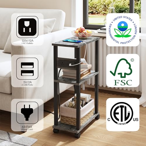 TUTOTAK Small Narrow Side Table with Charging Station, Skinny End Table for Small Spaces, Slim Nightstand with USB Ports and Outlet, Sofa Beside Table with Wheels, Charcoal Grey TB01BY046 - color: Charcoal Grey, size: 1 PC, style: With Plug