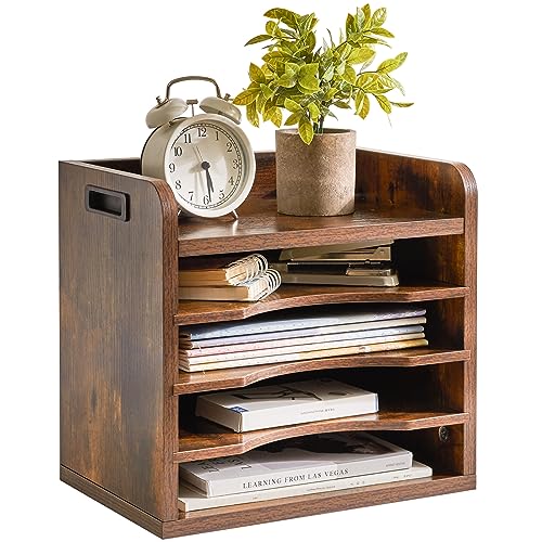 YMYNY Desktop File Organizer with Handle, Document Letter Mail Tray Sorter with 3 Adjustable Shelves, 5 Tiers Paper Holder for School Home Office Desk, Rustic Brown,13.4 * 12.4 * 9.06" UHBC006H - color: Rustic Brown